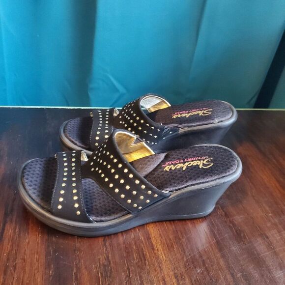 Skechers Memory Foam Black with gold studded accent Wedge/Slides 6 - Picture 4 of 7